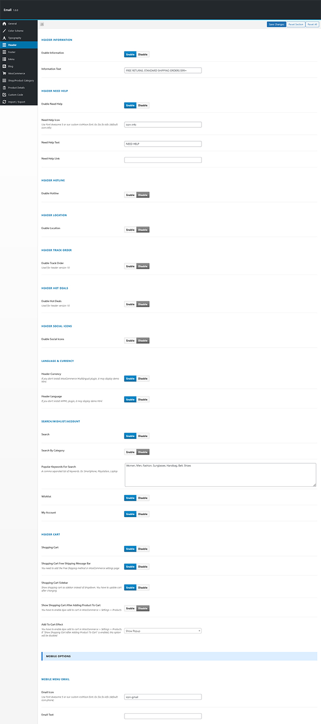 Header Other Options